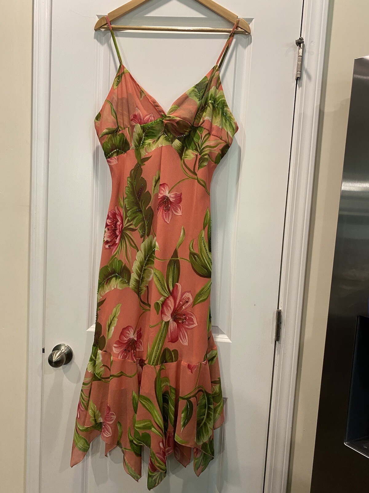 80s Vintage Pink Floral Rag Beaded Sleeveless Dress XL