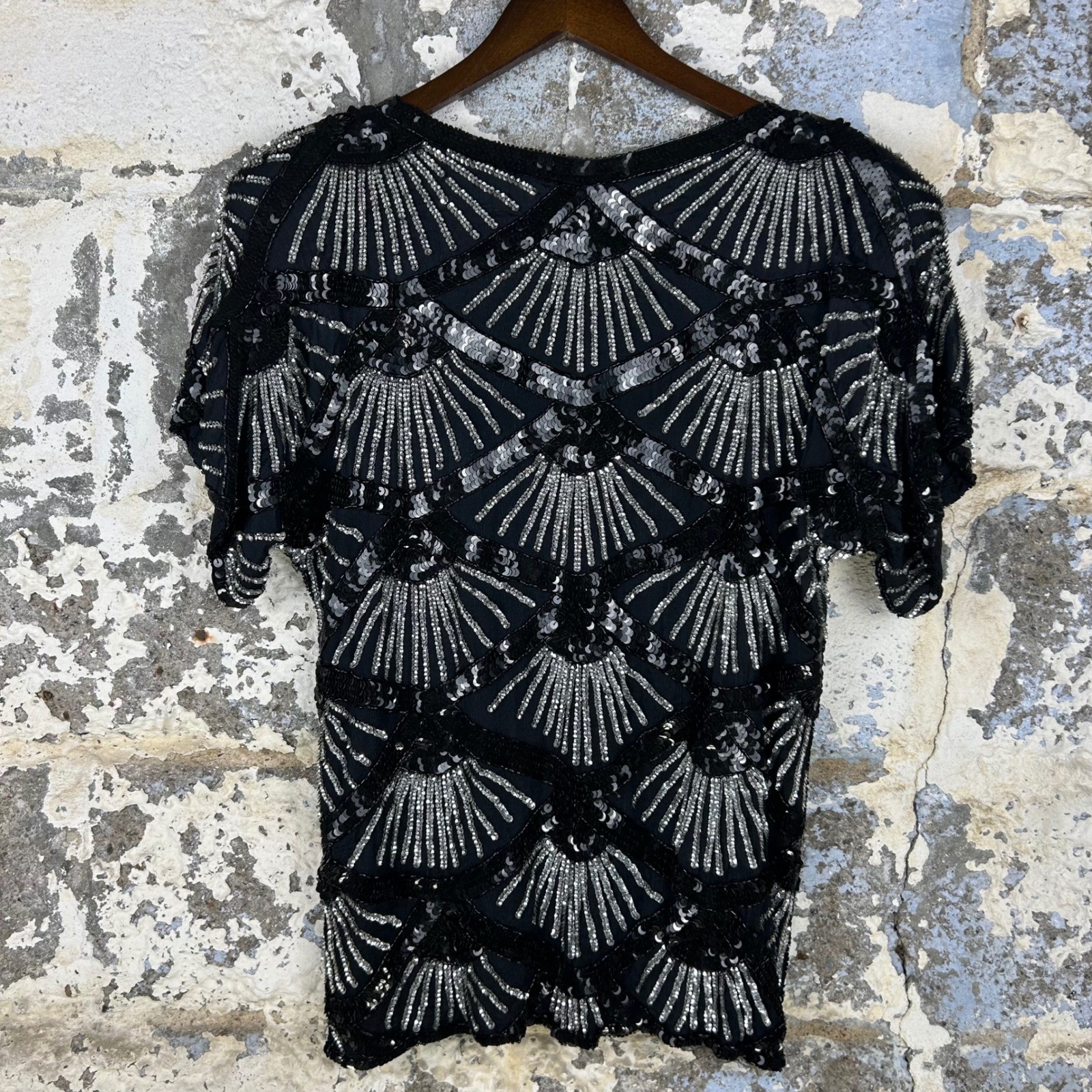 Vintage 80’s Joseph Le Bon Silk Sequin Art Deco Fan Blouse Black Silver XL