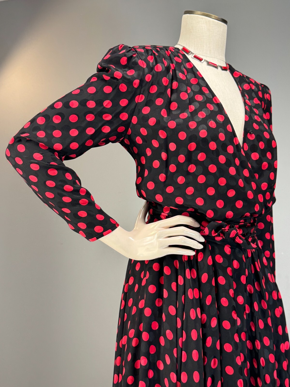 80s Silk Designer Wrap Shirt Dress Albert Nipon Polka Dot Red Black 200+ sweep!!