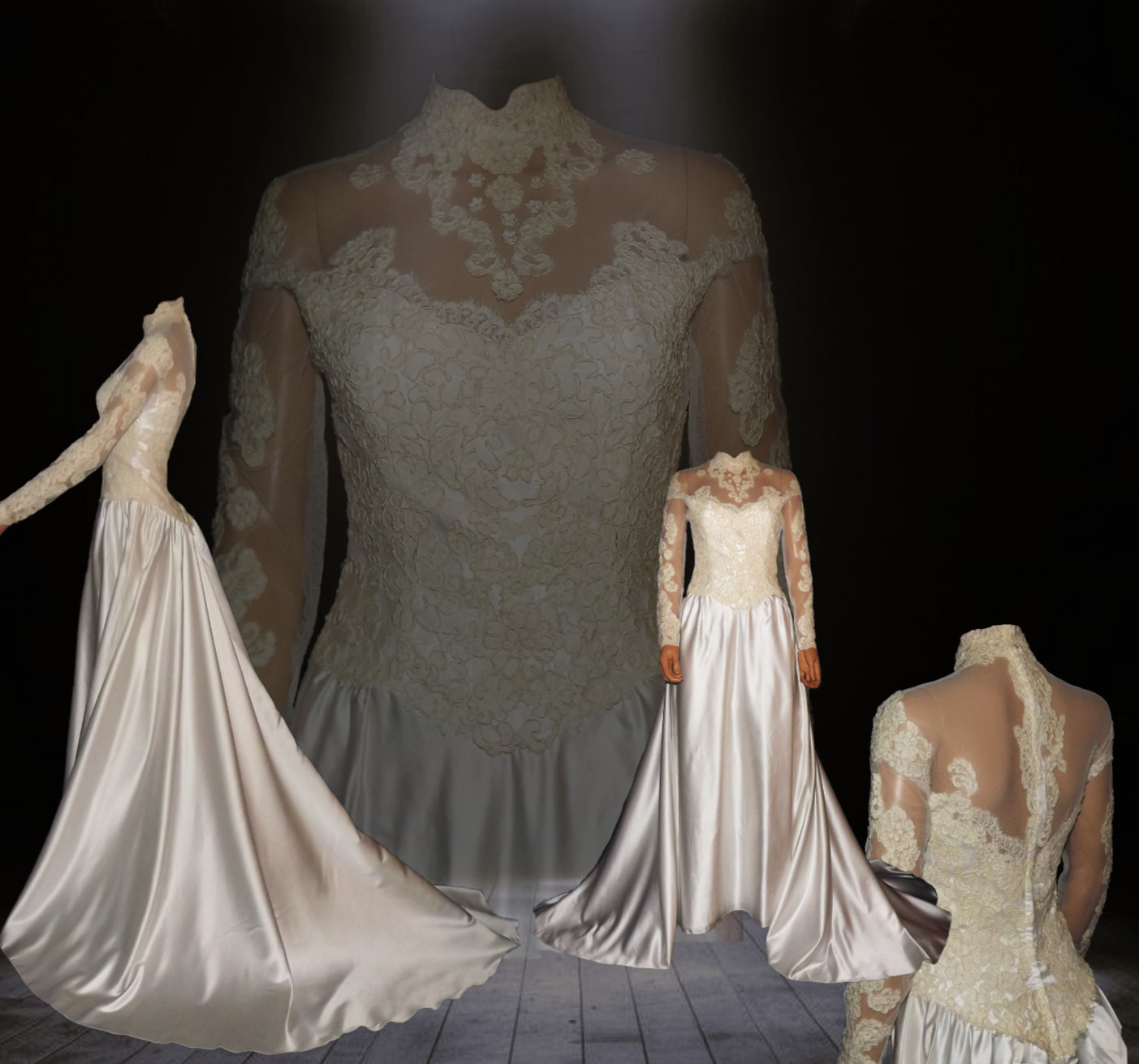 Liquid Satin Silk Wedding Dress Illusion Lace Ivory A-Line Bridal Gown