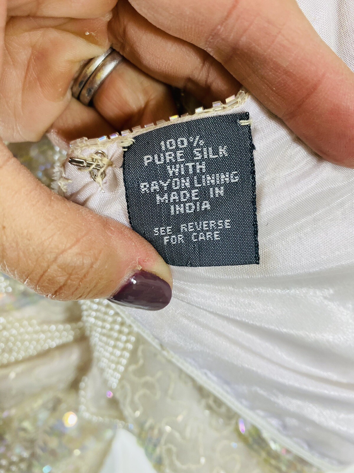 Vtg MODI Off White Champagne Silk Bead Sequin Evening Cocktail Wedding Dress, S