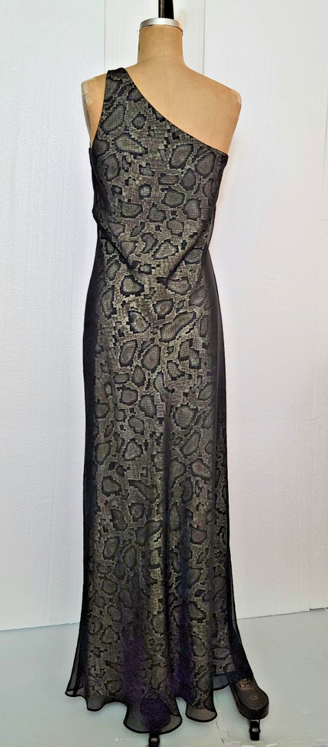 vintage 1990s one shoulder maxi snakeskin slip dress / black chiffon overlay