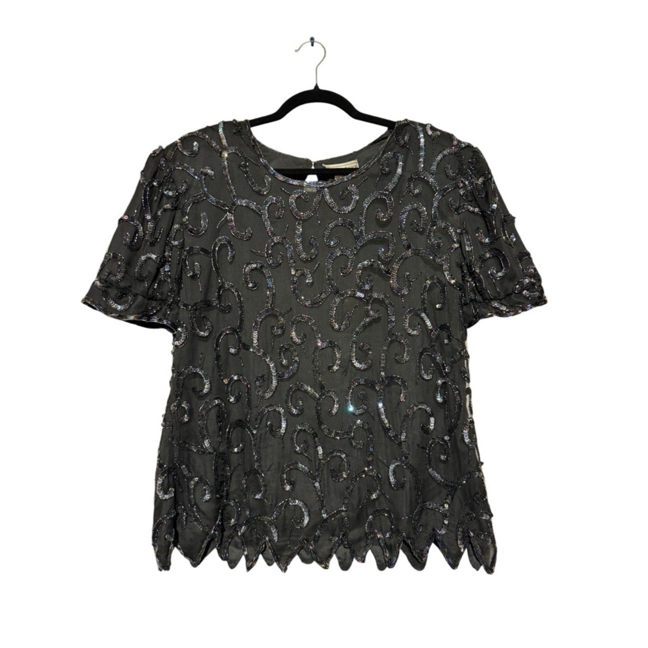 Dusk to Dawn Vintage 80s 100% Silk Sequin Beaded Top Women Size 18 Black Formal