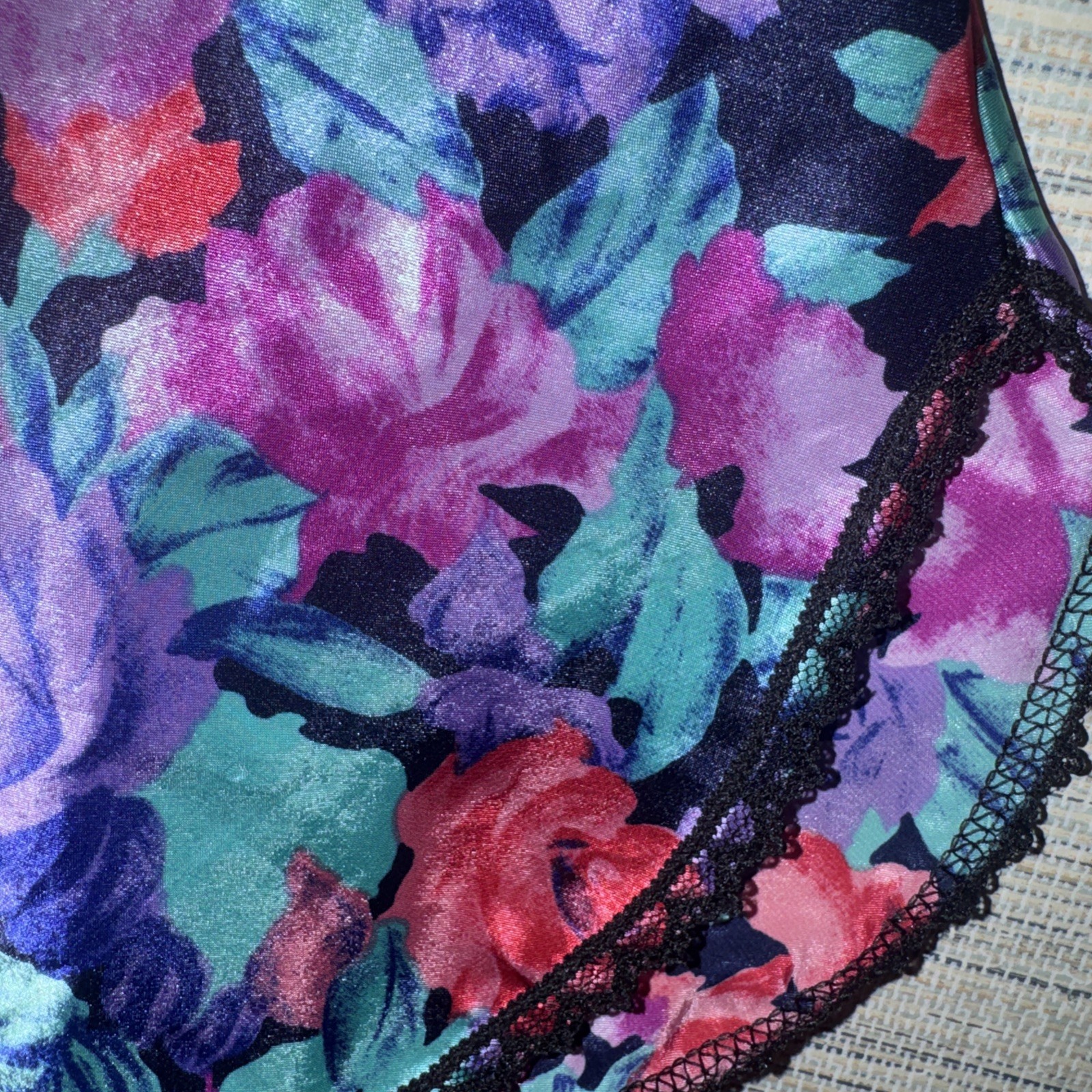 Vintage Floral Satin Slip Nightgown Vibrant Rose Floral Black Lace Trimmed