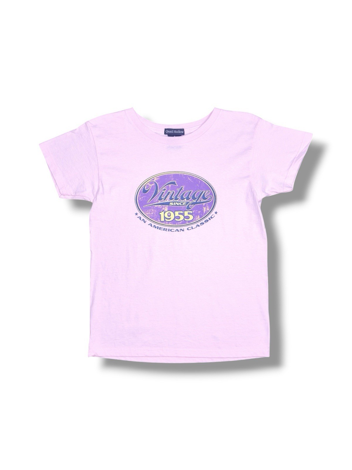 Vintage Light Pink Tee with Purple 1955 Graphic – Made In The 90’s Large