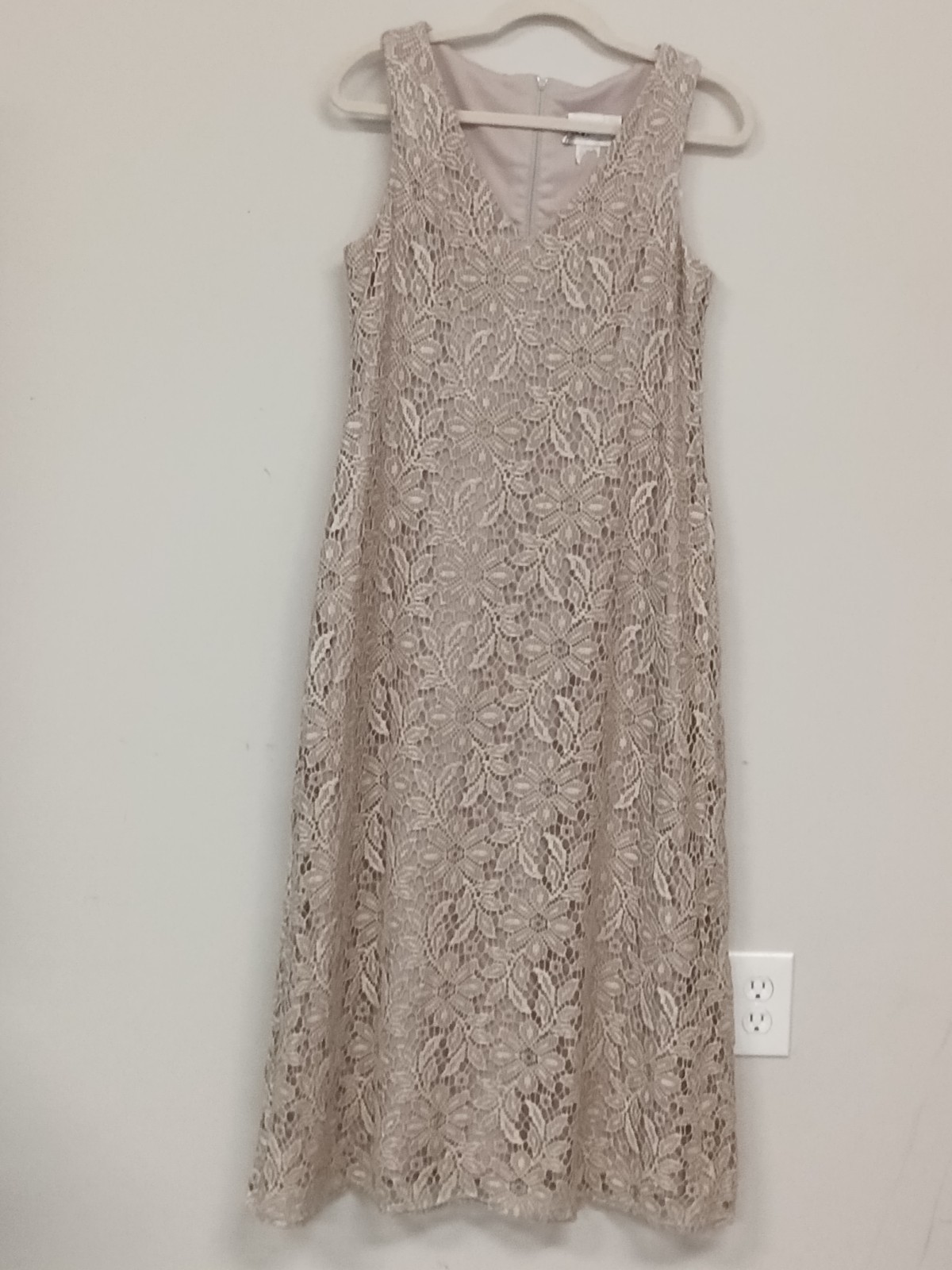 Vintage S.L. Fashions Gray Nude Floral Lace Crochet Maxi Dress Cottagecore 10