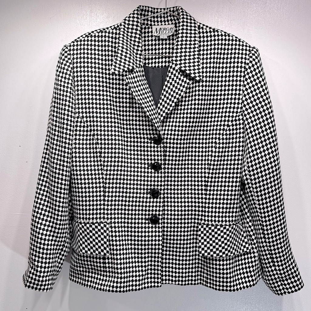 Vintage Black & White Checked Blazer Button Front Notched Collar Morgan Miller