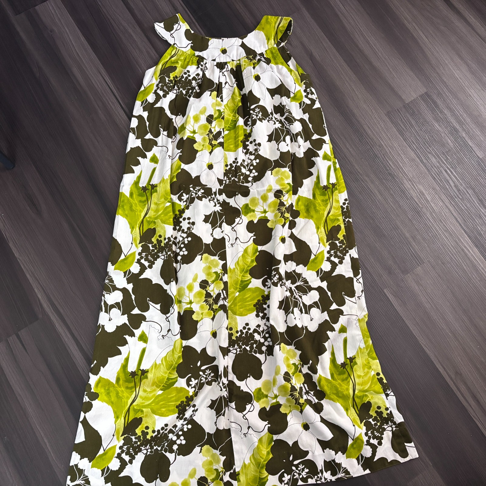 Vintage Hawaiian Barkcloth Dress Green White Brown Floral Sleeveless Mumu Medium