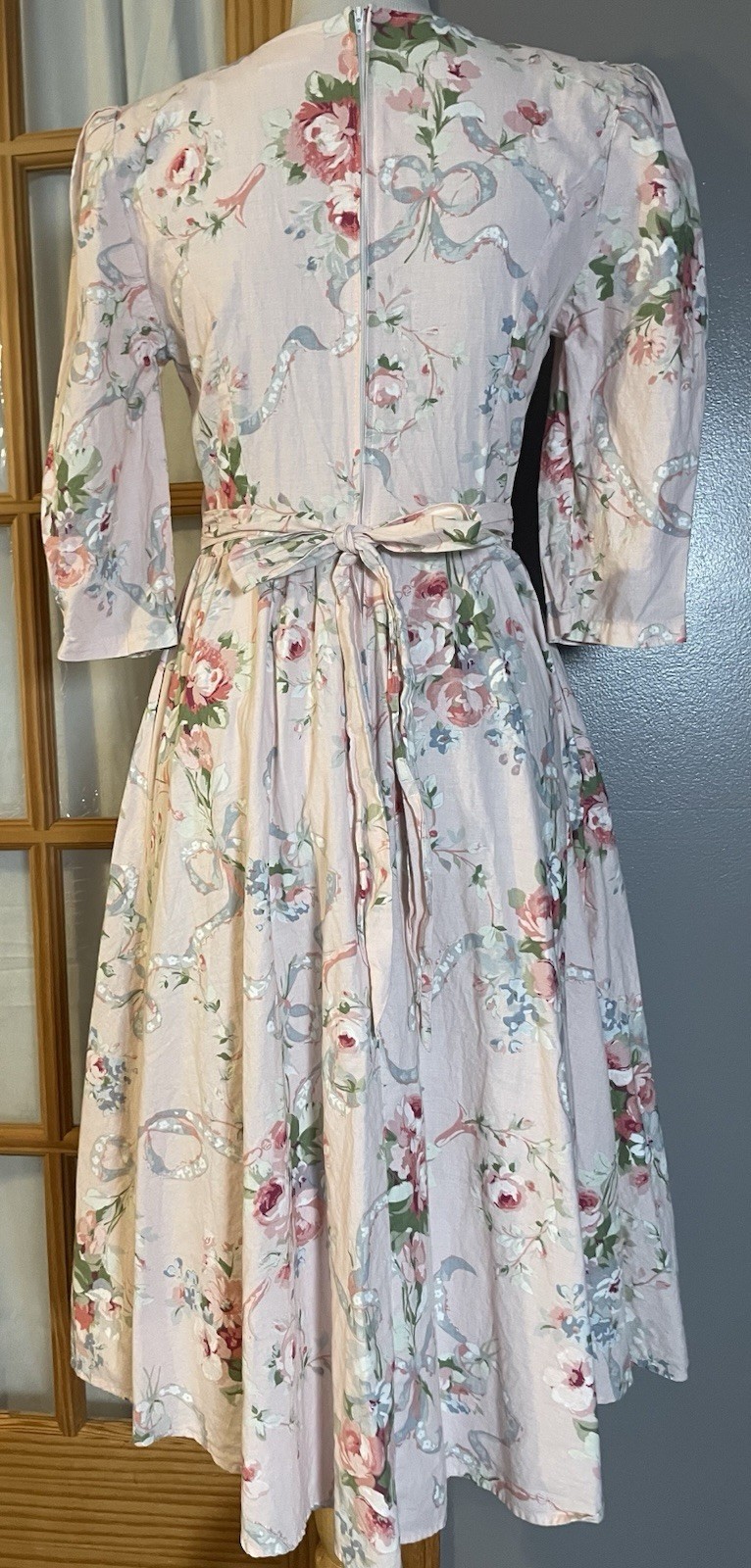 Vtg 80s Floral Pink Midi Dress S/M Hand Embroidered Lace USA Made Cottagecore