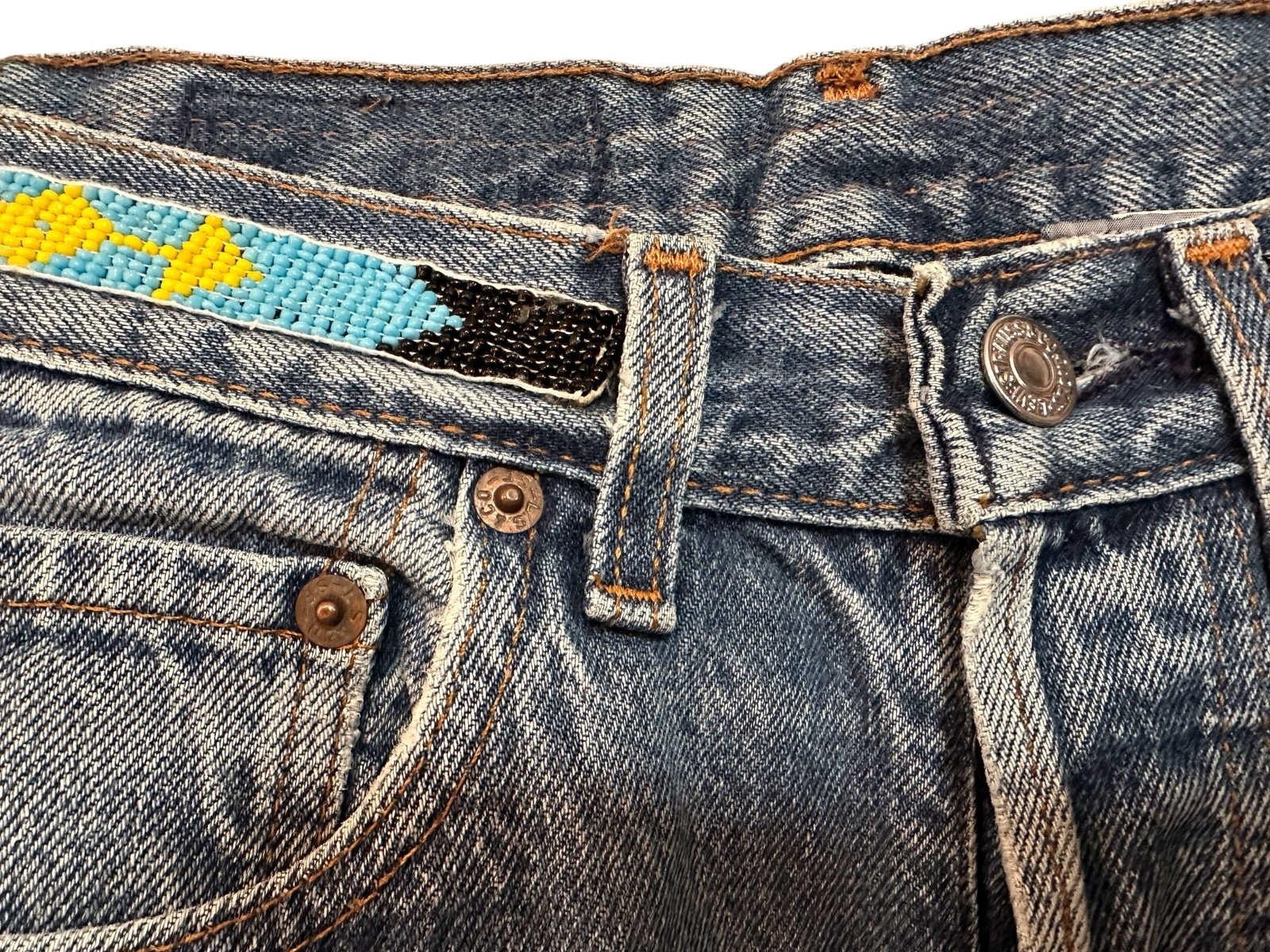 Vintage Buzz 18 Beaded Levi’s 501 Jeans 1980s Reworked 28” Waist USA Made Boho
