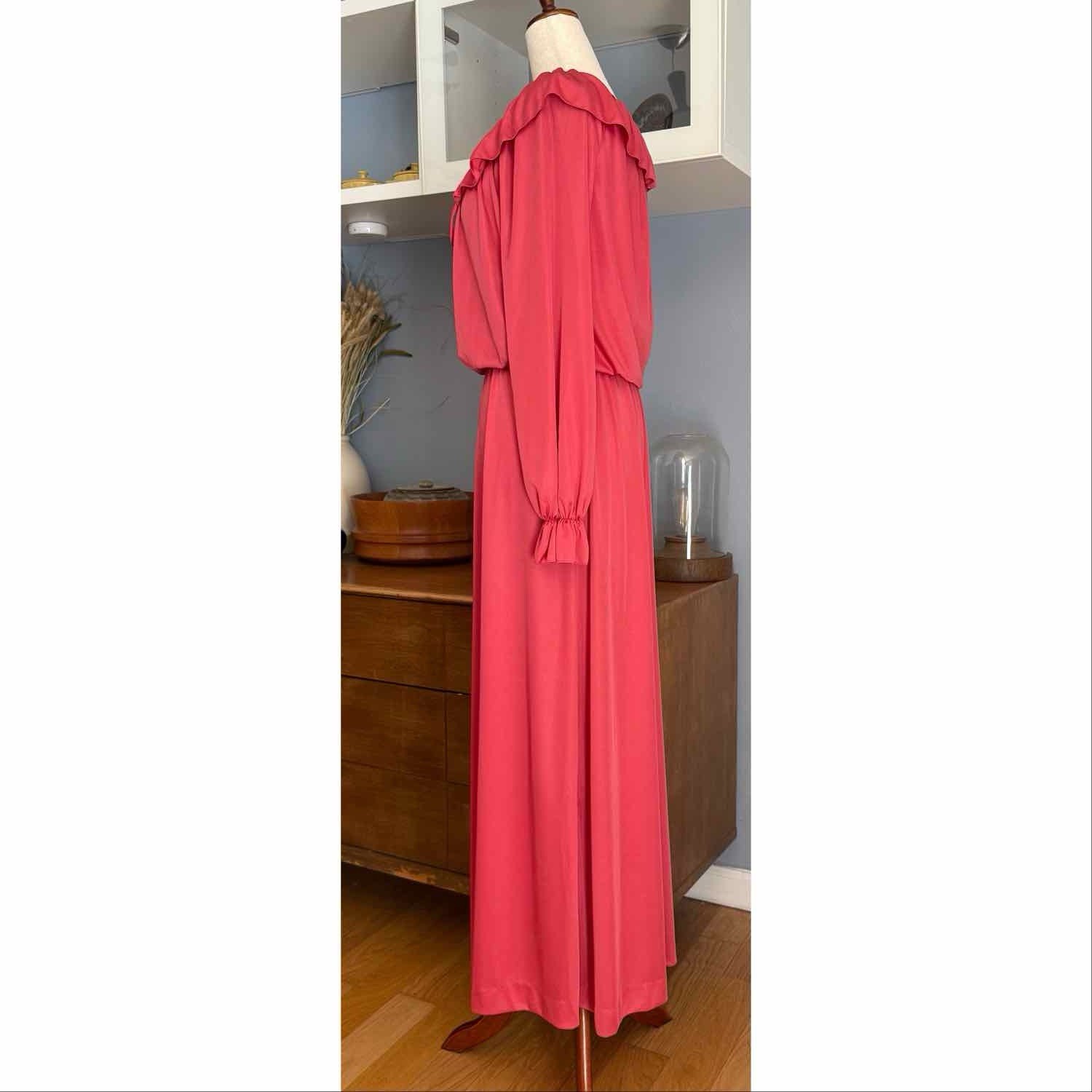 Vintage 70s Shawn Originals Ruffle Trim Cinch Waist Maxi Dress sz M Pink Retro