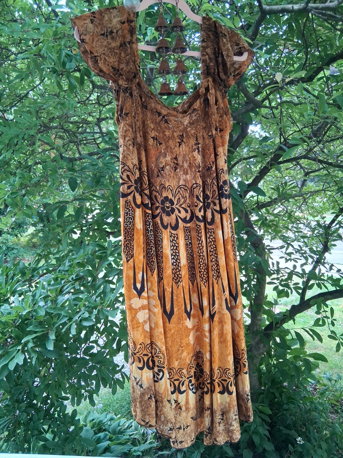 Vintage 1970s Lady Cactus Amber Batik Fluttery Bohemian Hippie Handmade Dress