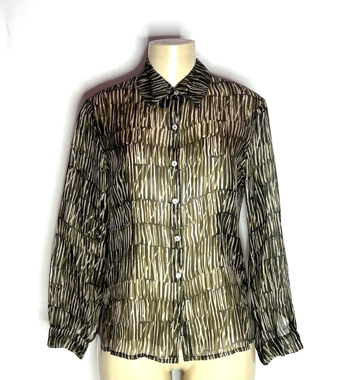 VINTAGE BOBBIE BEE OLIVE GREEN MULTI PRINT LONG SLEEVE 100% SILK BLOUSE SZ 6p