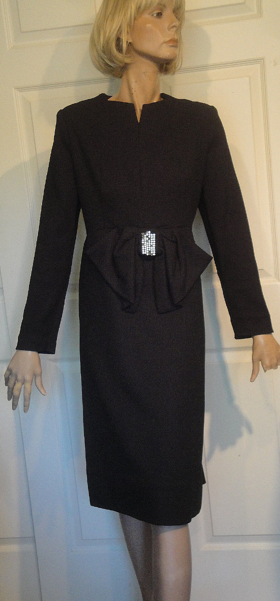 Vintage Black Cocktail Dress Rhinestone Buckle Bow Textured Weave B40