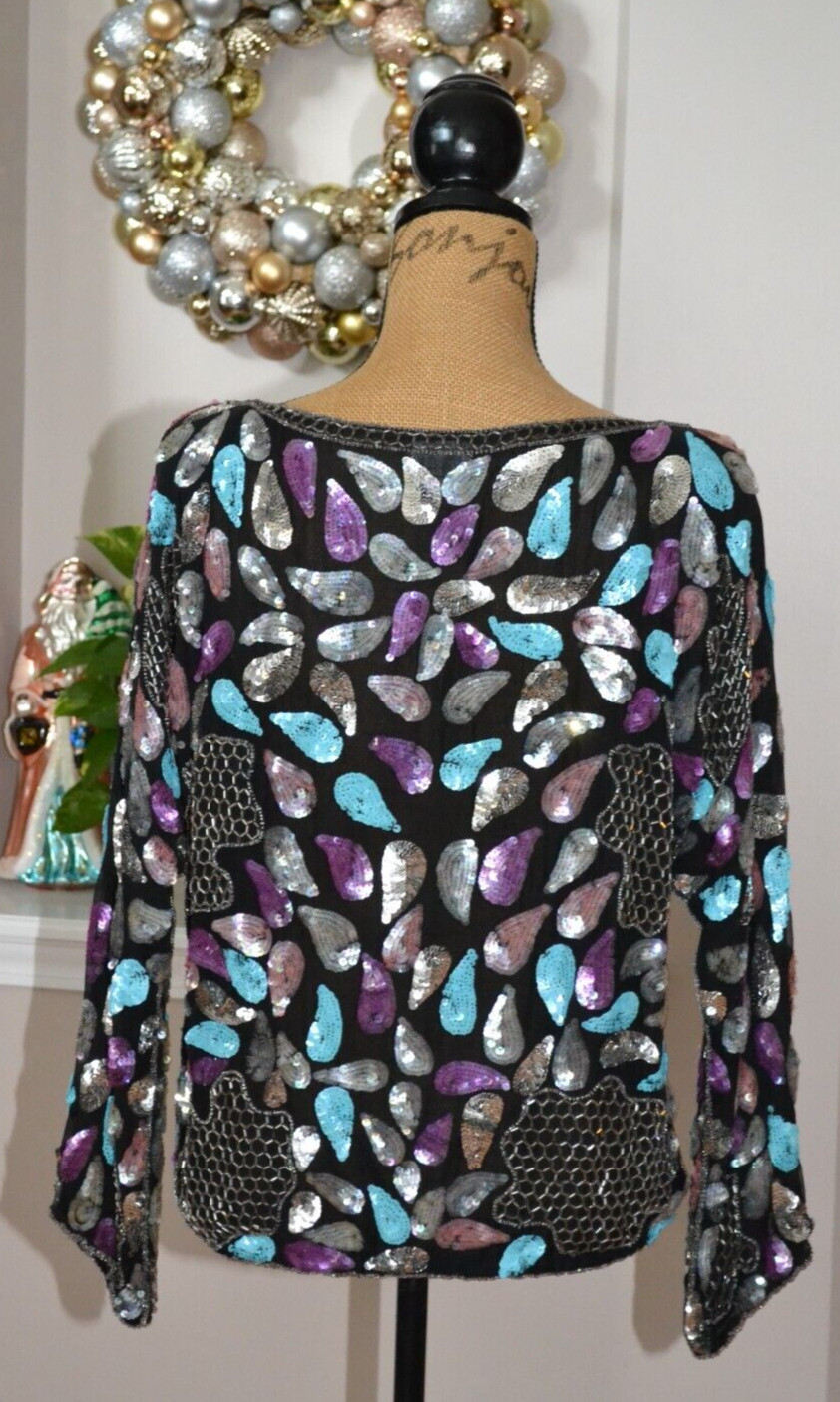 Pure Silk Vtg 1980 s Sequin Embroidered Beaded Blouse Designer Blouse sz M