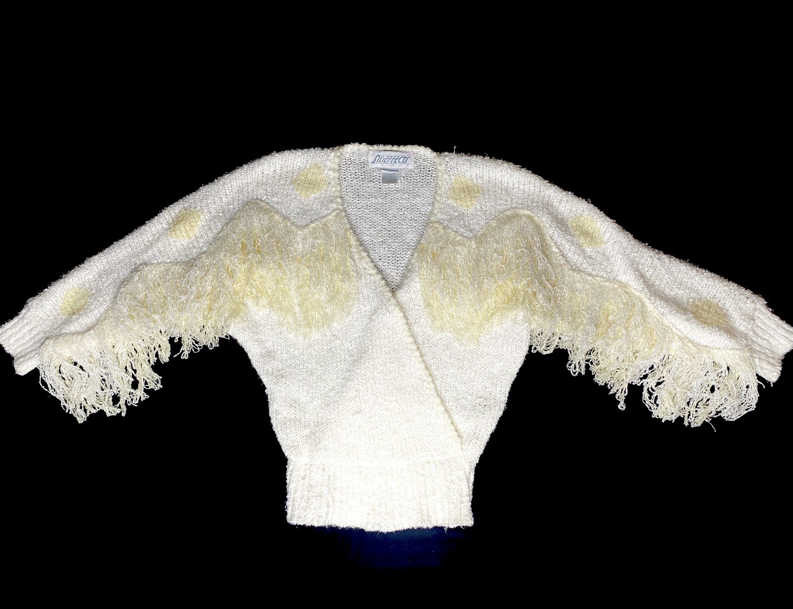 SIDE EFFECTS Hand Crocheted Women’s Vntg Fringe Sweater Sz M Cream & White