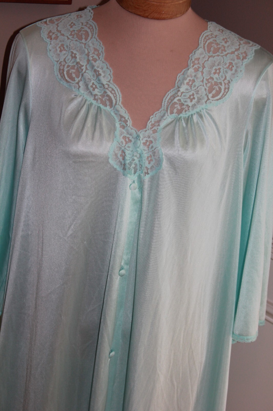 Vanity Fair nightgown house coat blue button lace nylon vintage ladies large