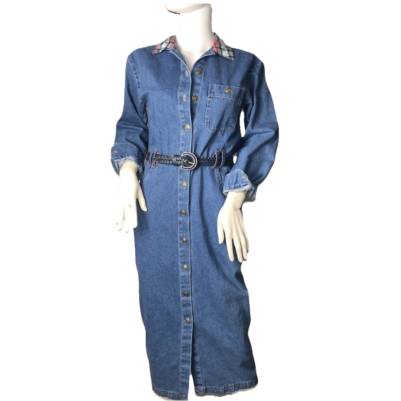 Vintage Hang Ten Denim Dress Small Blue Mixed Media Western Leather Belt