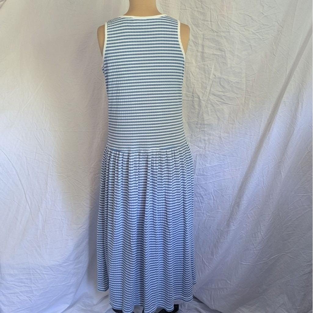 Vtg Blue & White Striped Ribbed Button Front Drop Waist Midi Dress Nautical Sm