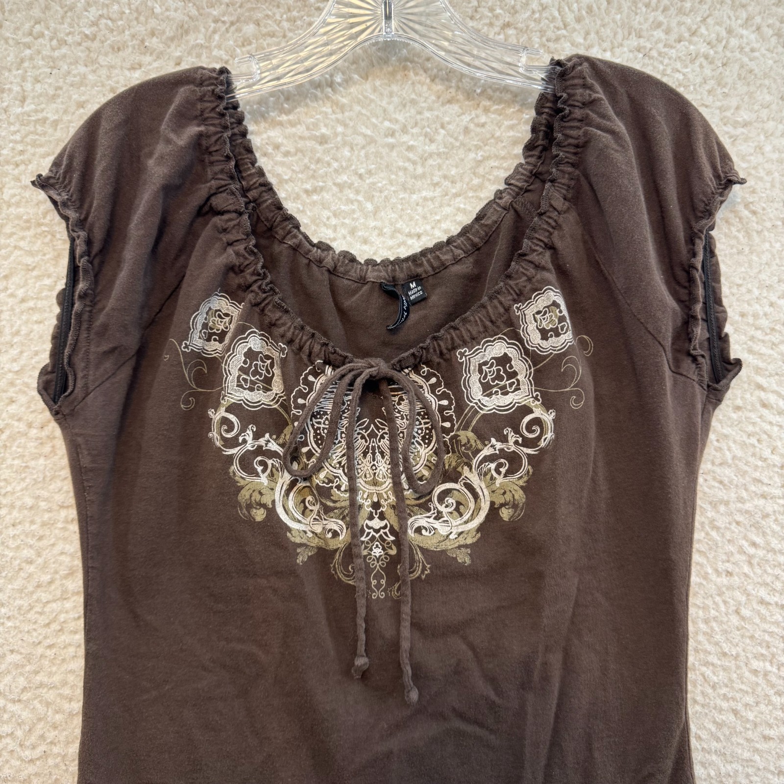Y2K Vintage Top Shirt Medium Large Brown Milkmaid Peasant Boho Fairy Whimsigoth