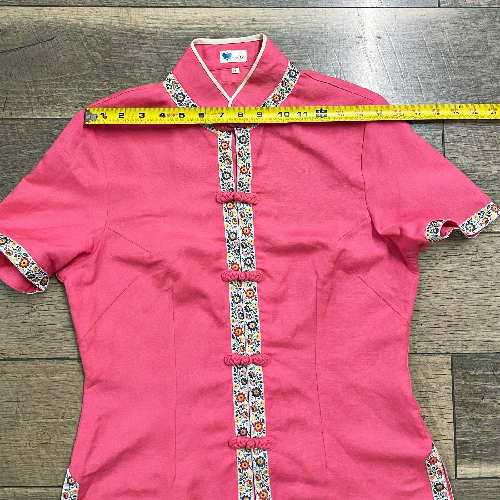 Vintage 90s Chinese Blouse Pink Floral Trim Frog Buttons Size Small