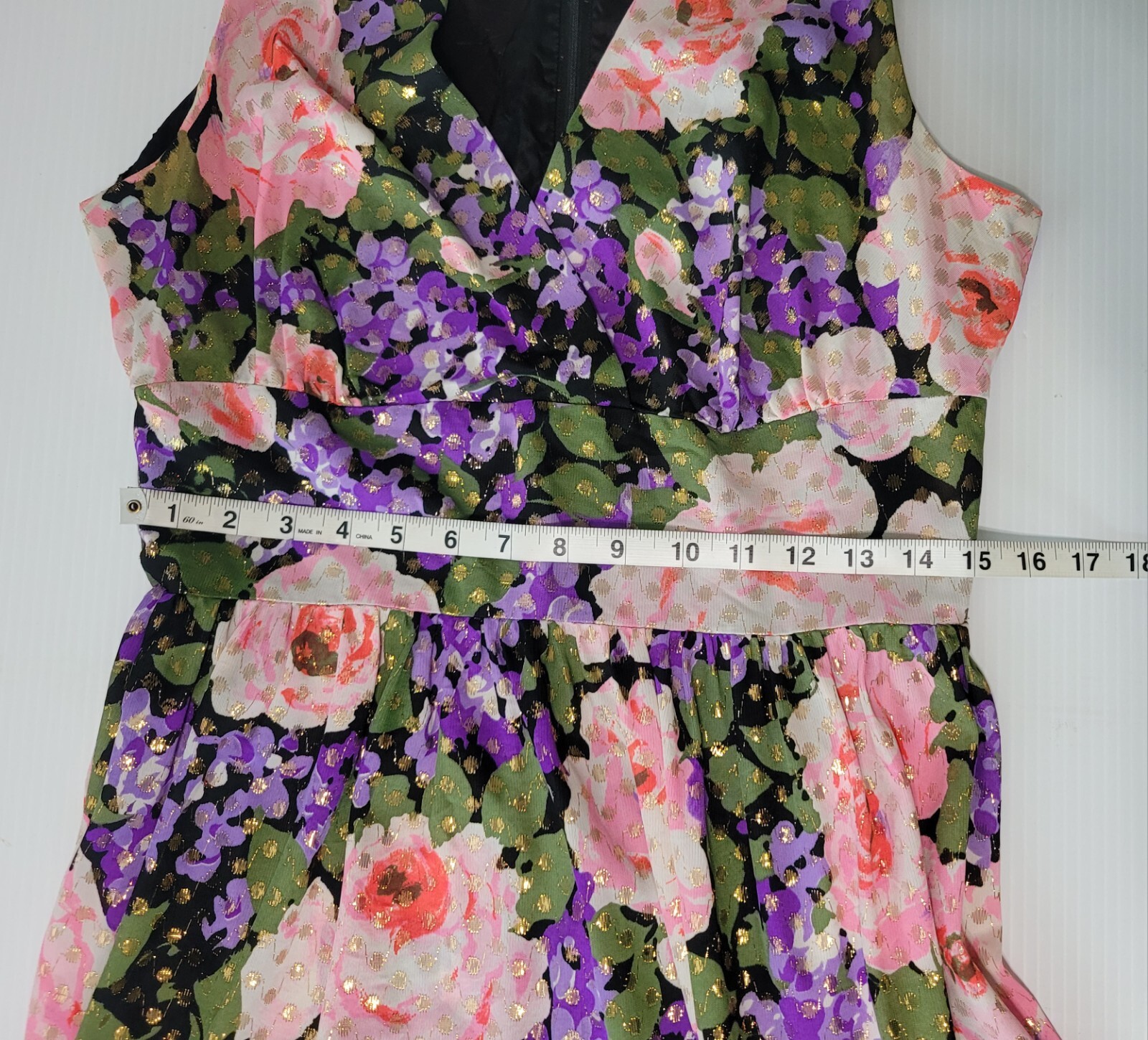 Vintage 70s California Sleeveless Spring Floral and Gold Lurex Maxi Dress Sz. Sm