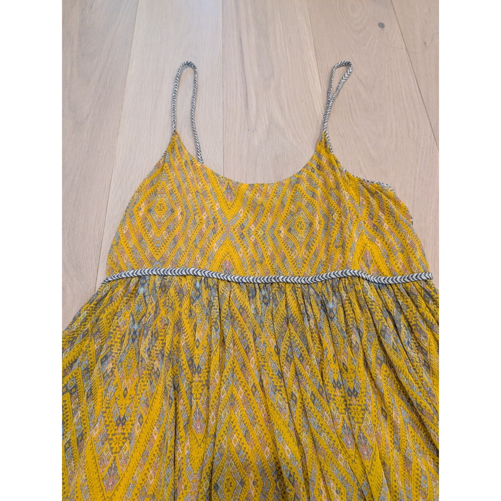 Free People Boho Yellow Geometric Mini Dress Braided Trim Small