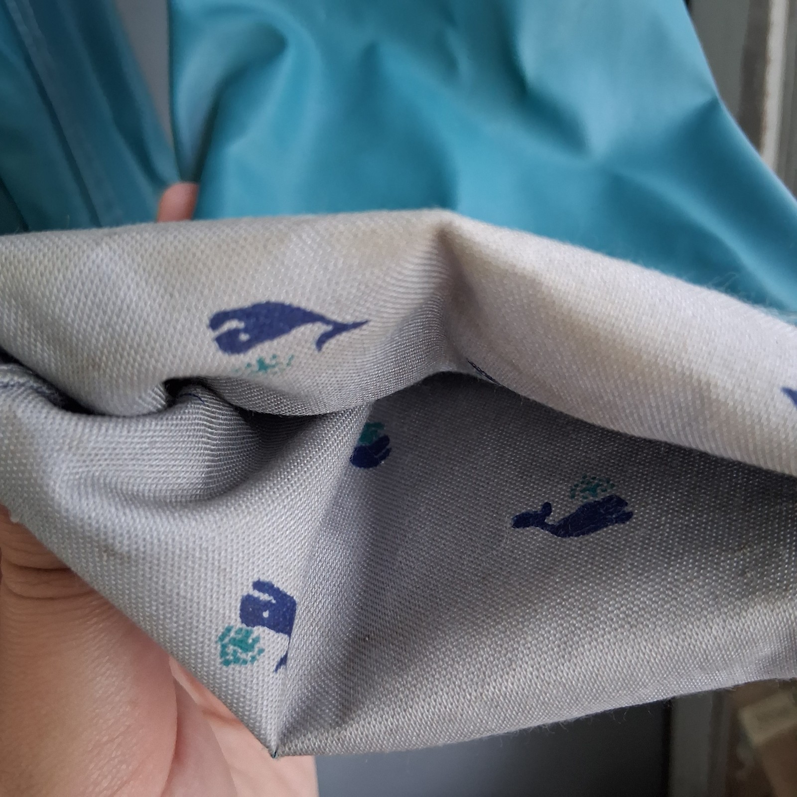 Vintage 90s Rain Slicker Teal Whale Print Fisherman Chrome Snaps EVC M