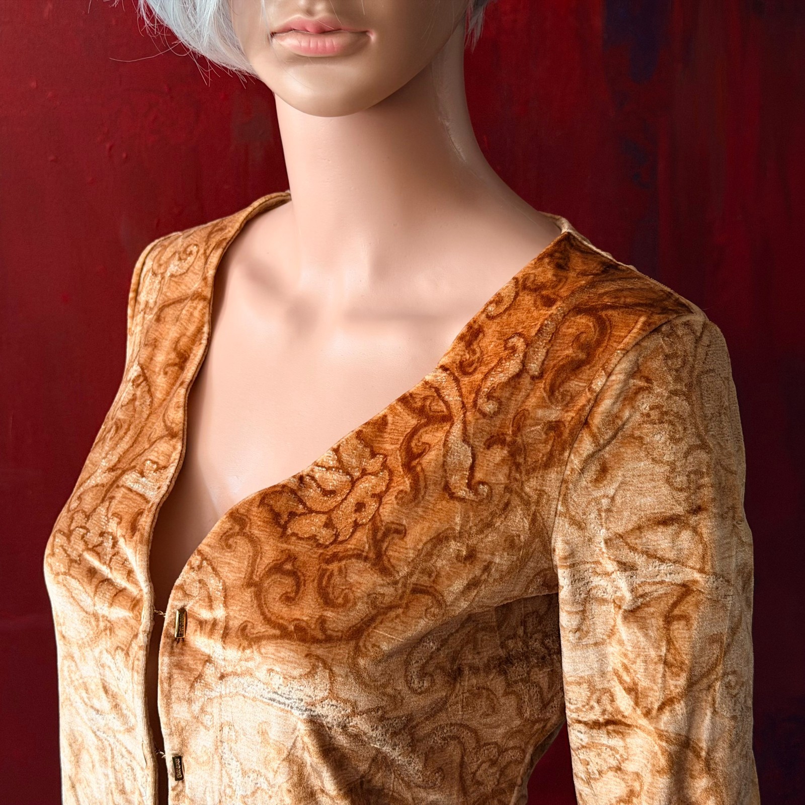 ROBERTO CAVALLI stretch velvet set top & skirt Baroque print from 1990s
