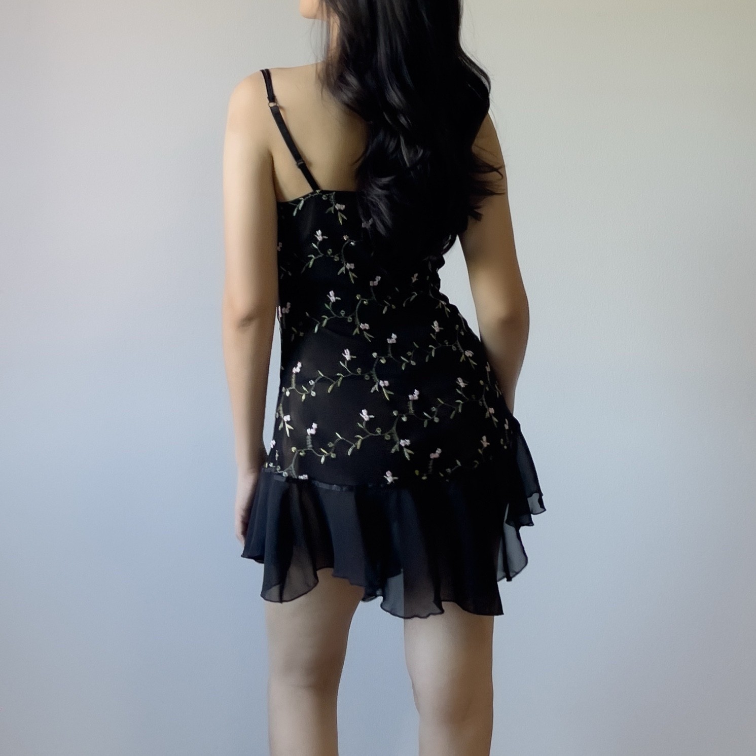 Romantic Y2K Black Floral Embroidered Semi-Sheer Mesh Slip Dress (M–L)