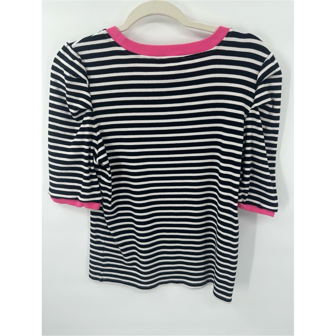 Rebecca Minkoff Ribbed Striped Puff Sleeve Top Large Black White Pink Cotton Str