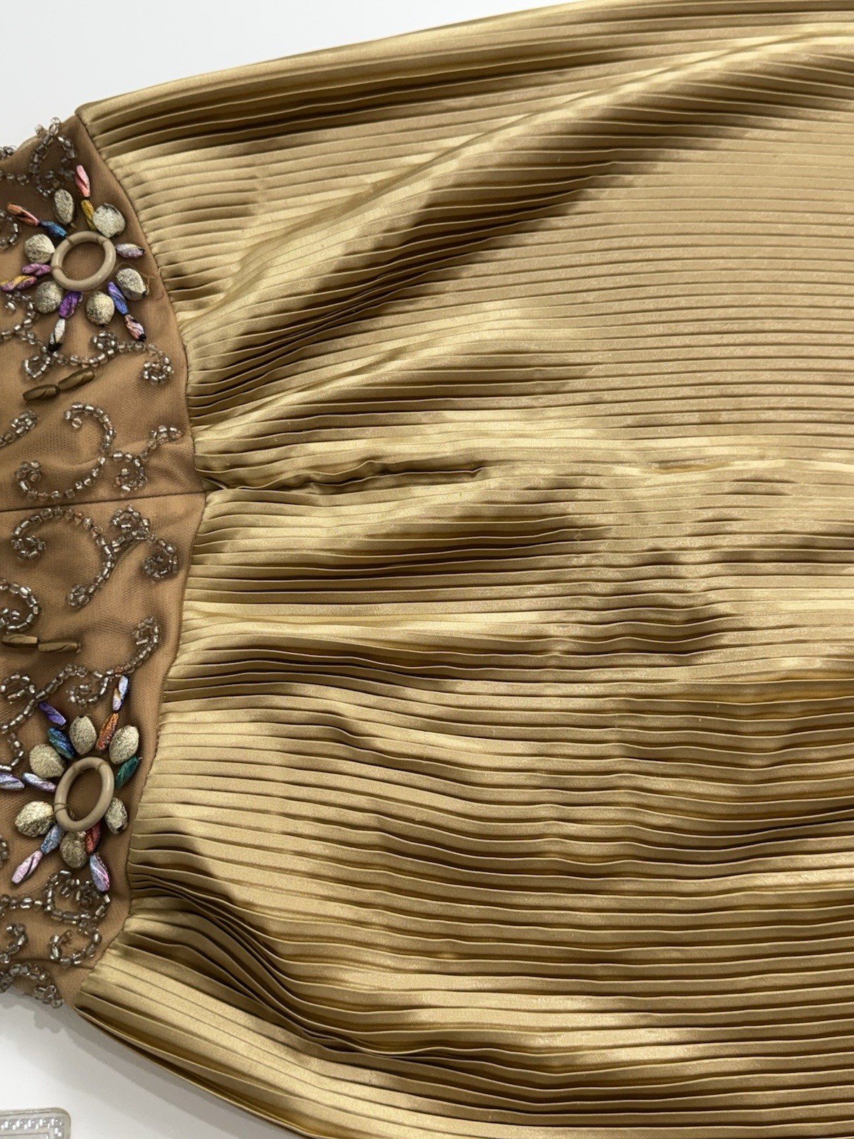 VTG Y2K Sherry Haute Couture Gold Beaded Pleated Gown Front Slit Designer
