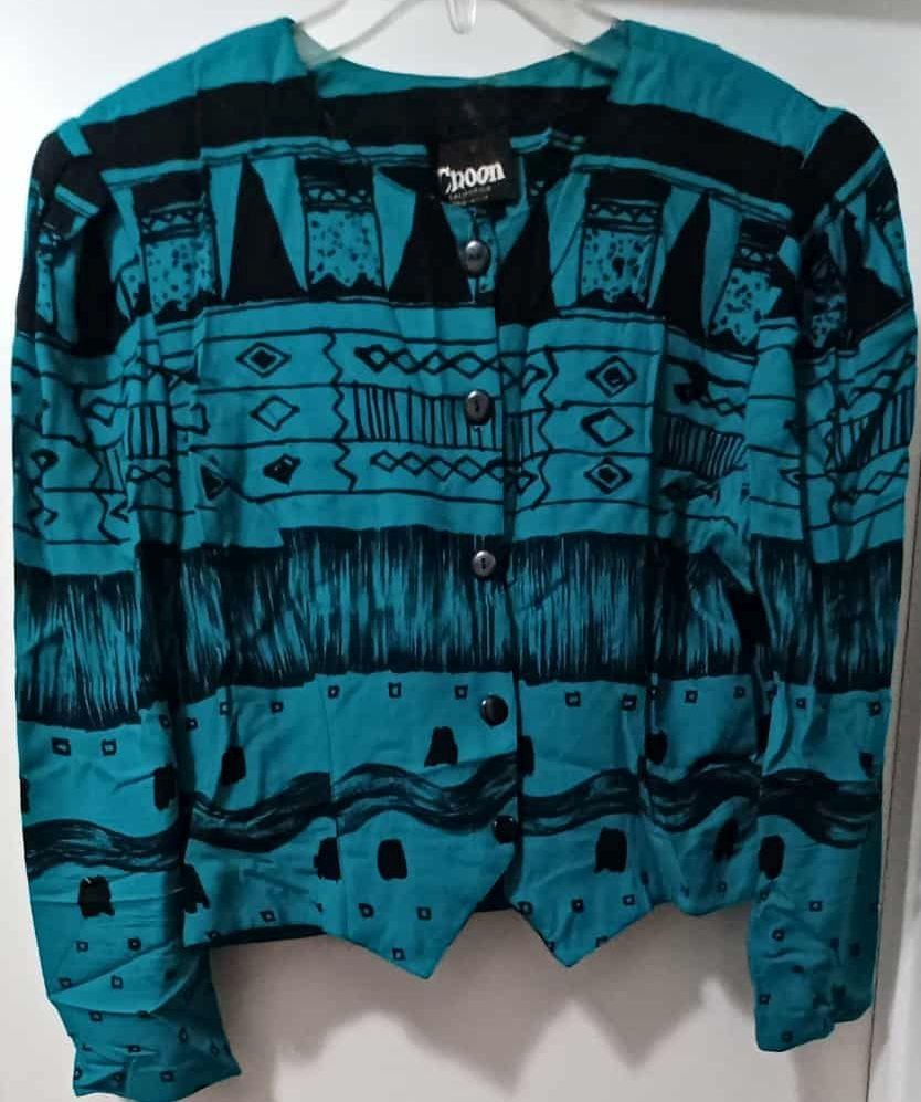 VINTAGE MACYS CHOON CALIFORNIA WOMEN’S SKIRT SUIT SZ 14 TEAL W/ BLACK GEO DESIGN