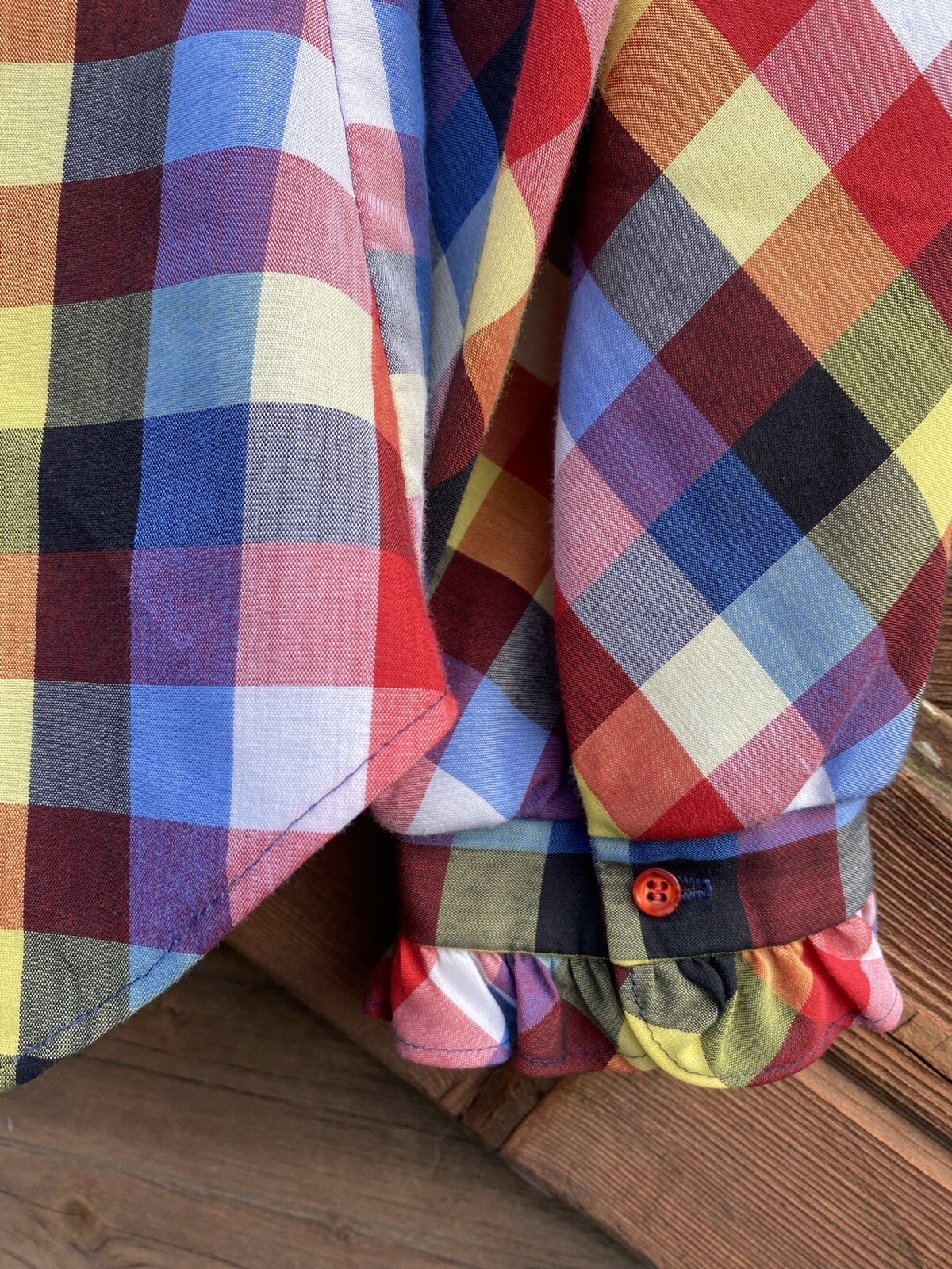Vintage Panhandle Slim blouse Women’s Western Plaid Ruffle Red Yellow gingham