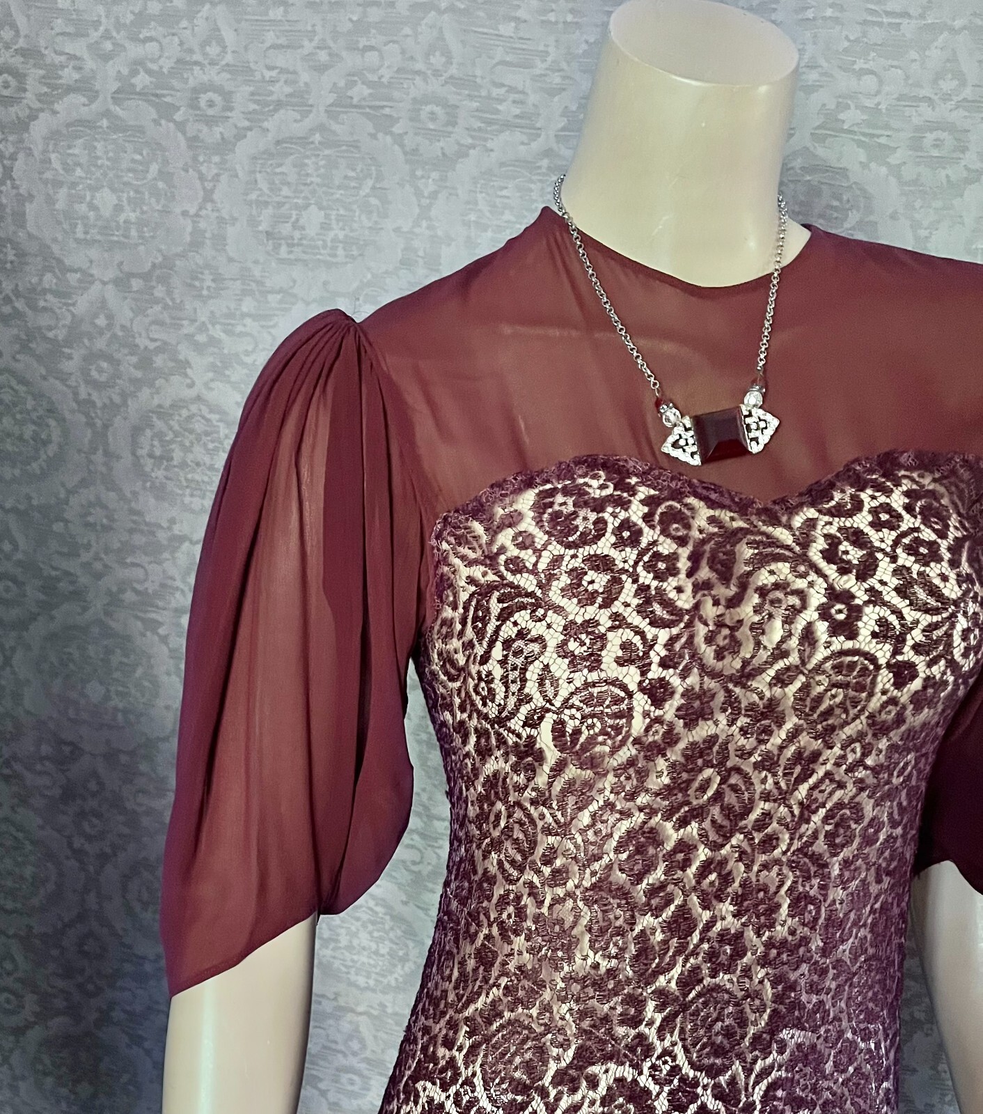 Charming 1930s Plum Silk Lace, Chiffon Occasion Dress, Excellent, Petite, Small