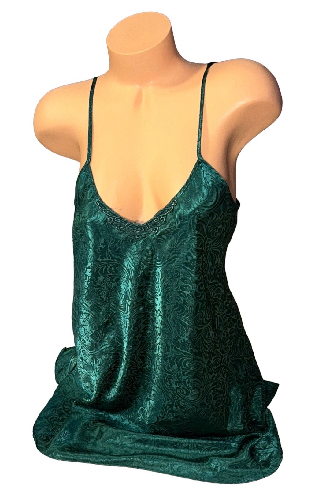 Romantic Moods Green Shiny Embossed Paisley Satin Nightie Slip Dress Nightgown L