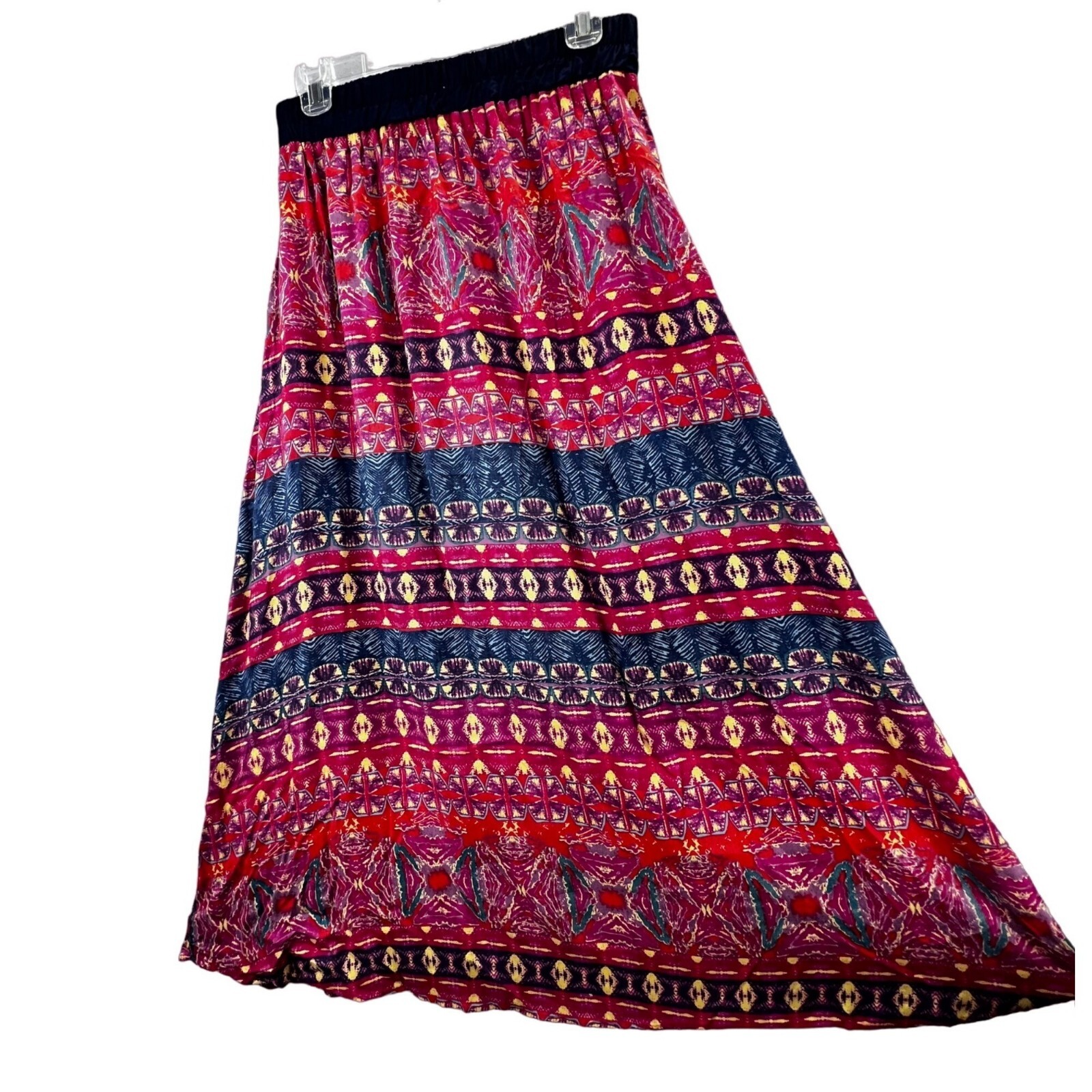 Vintage Angie Maxi Skirt L Pink Blue Print Full Elastic Waist Bohemian Tropical
