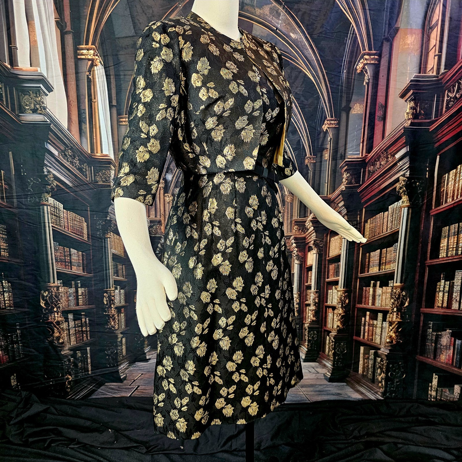 Vintage 1950s 60’s Dress Jacket Set Saks Fifth Avenue Black Gold Satin Brocade