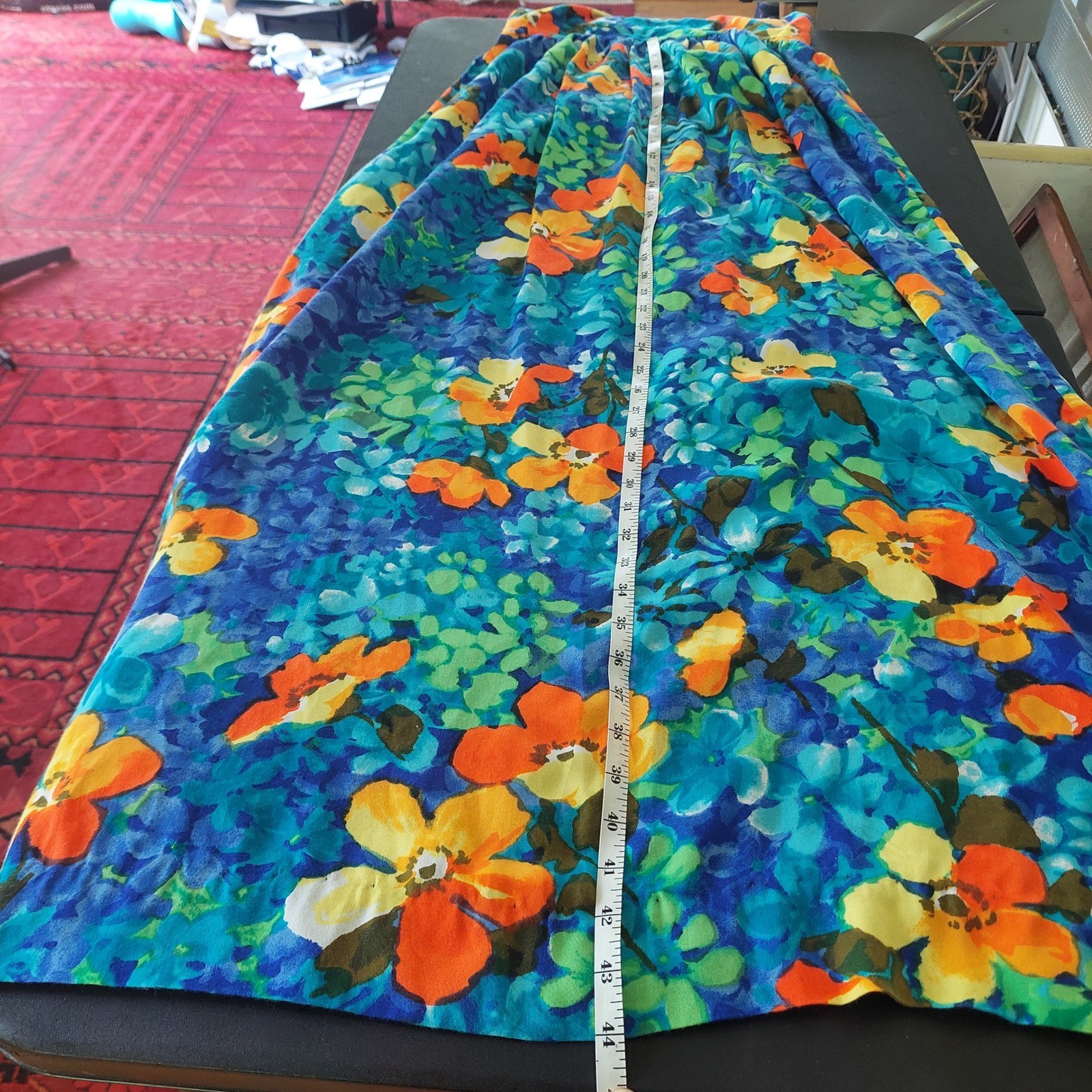 Vintage Floral Maxi Dress Blue Orange Tie Strap Empire Waist Boho Sun Dress