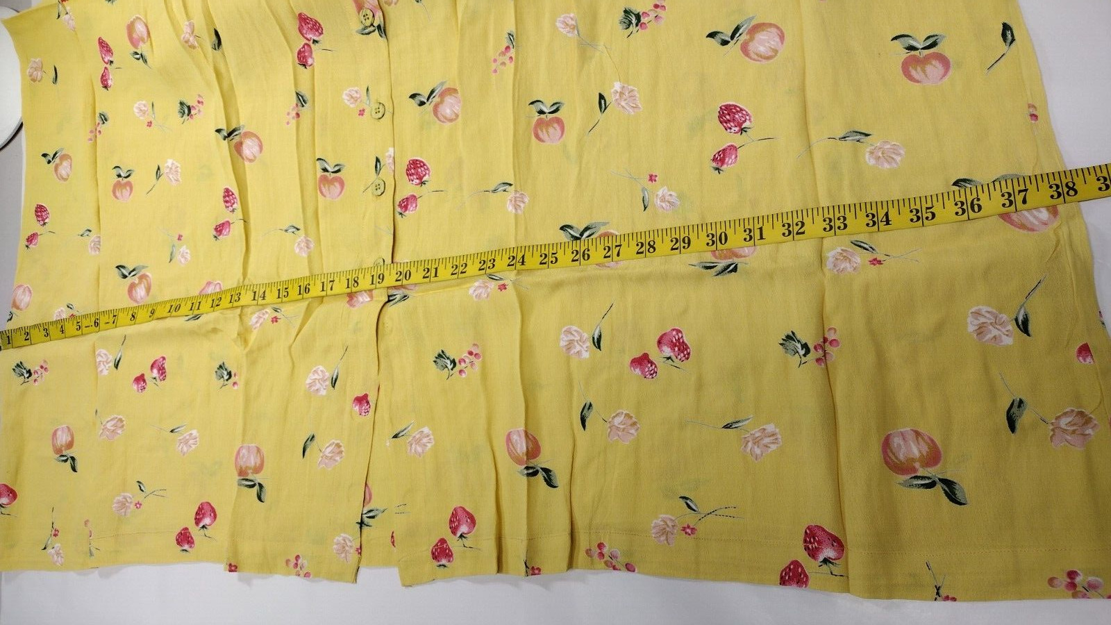 90s Rayon Yellow Dress Granny Apples Strawberry Print Country Easter Spring M