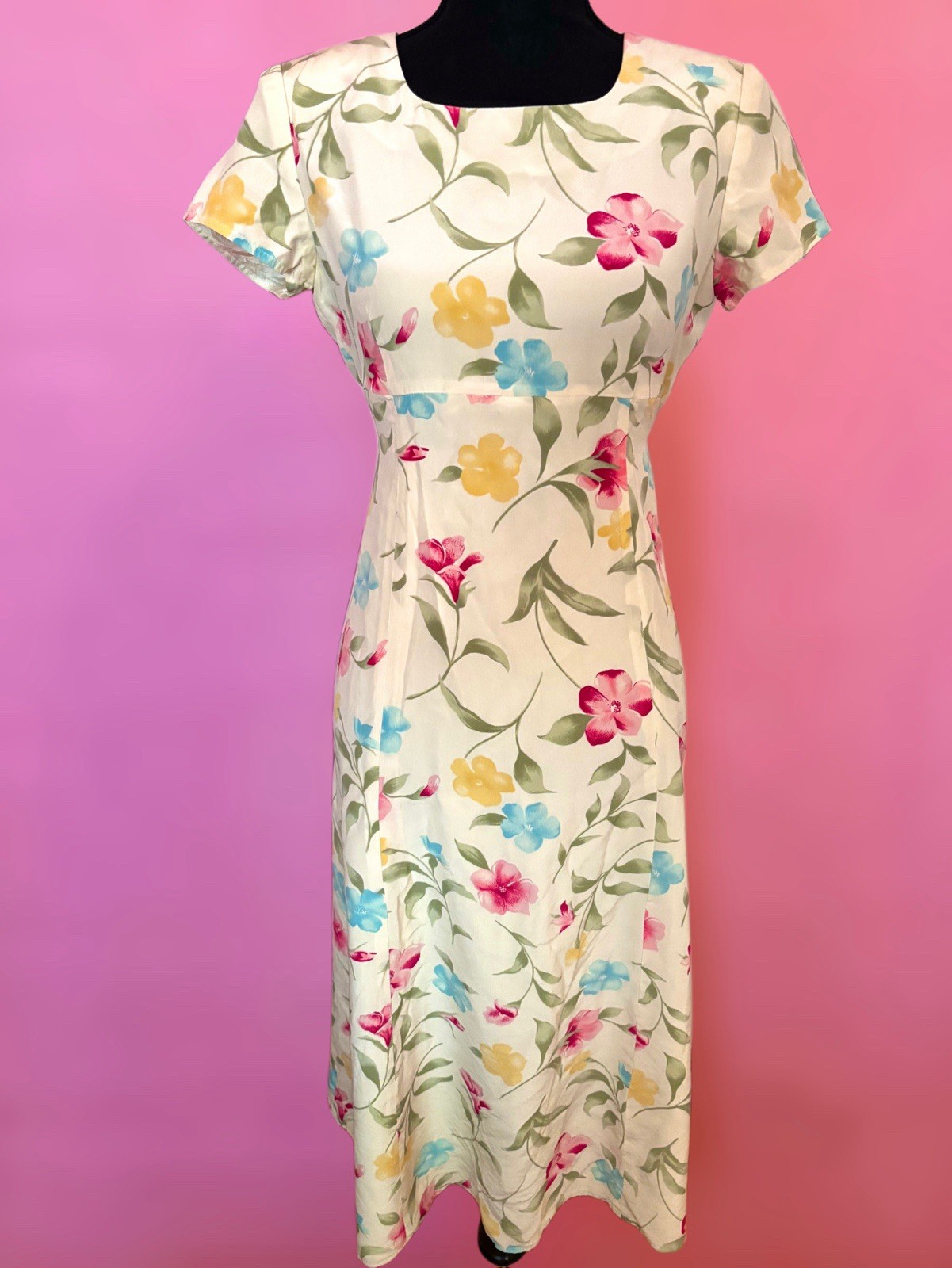 Vintage 80s 90s Patrick Petite 100% Silk Butter Yellow Pink Floral Maxi Dress 6P