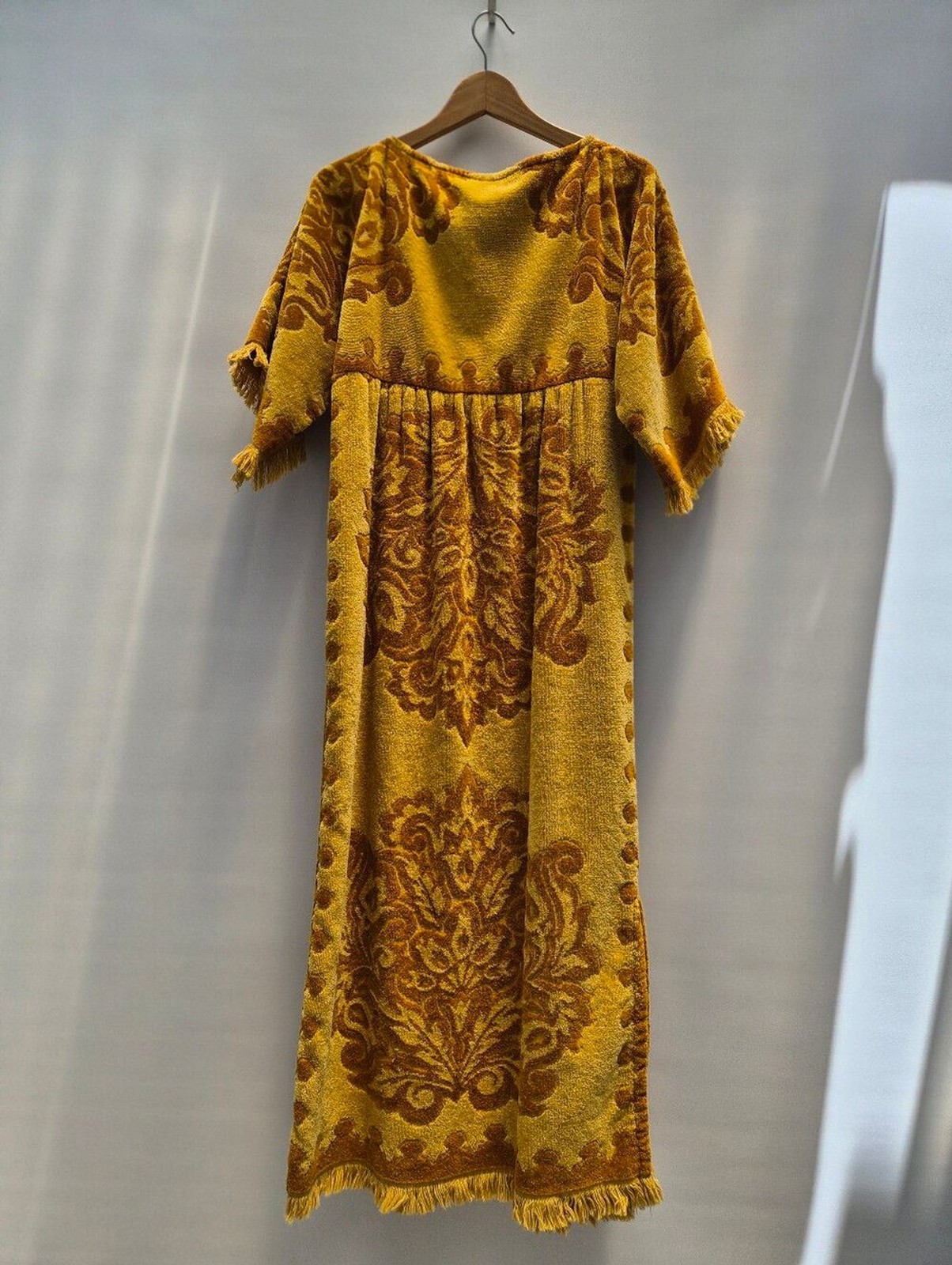 Robes of California Vintage 70s Terry Cloth Towel Dress Small Gold Boho Caftan