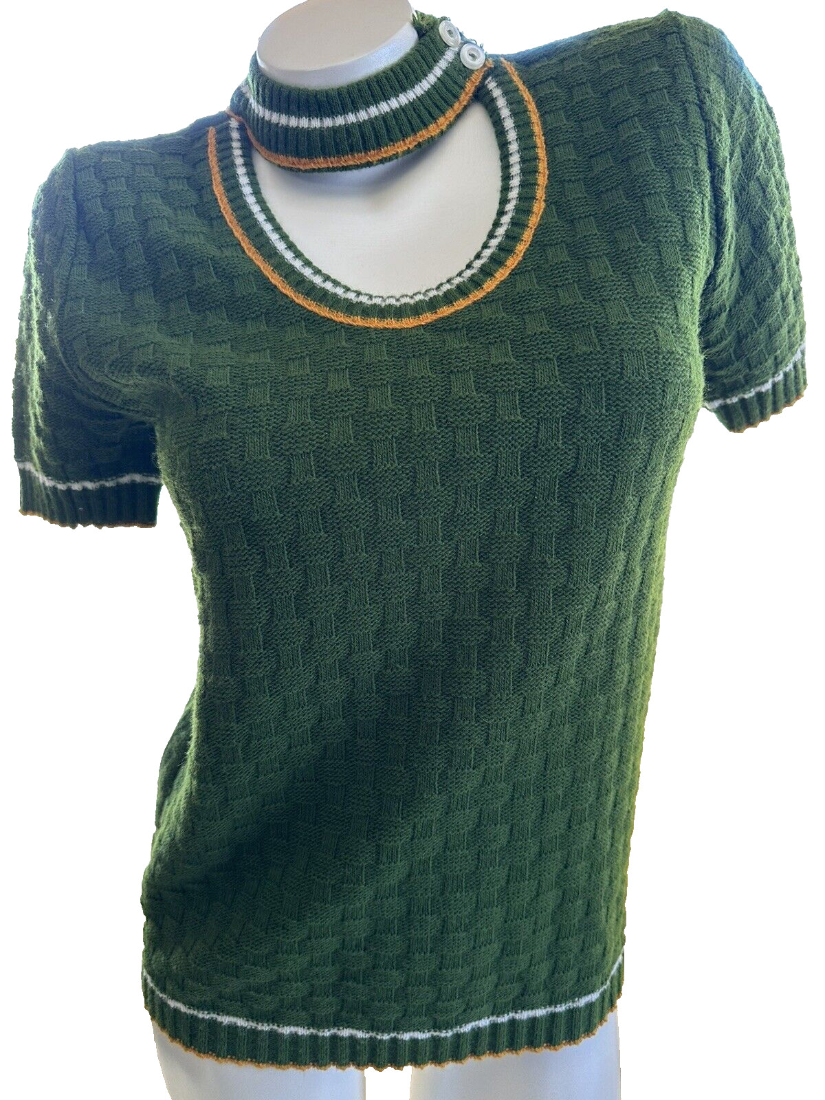 Vintage Banded Neck Acrylic Sweater Junior L 1960s 70s Scoop Green Basketweave