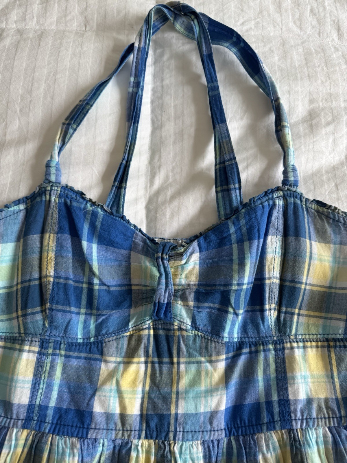 Vintage Y2K Abercrombie Blue Yellow Green Plaid Smocked Mini Sundress Sz Medium