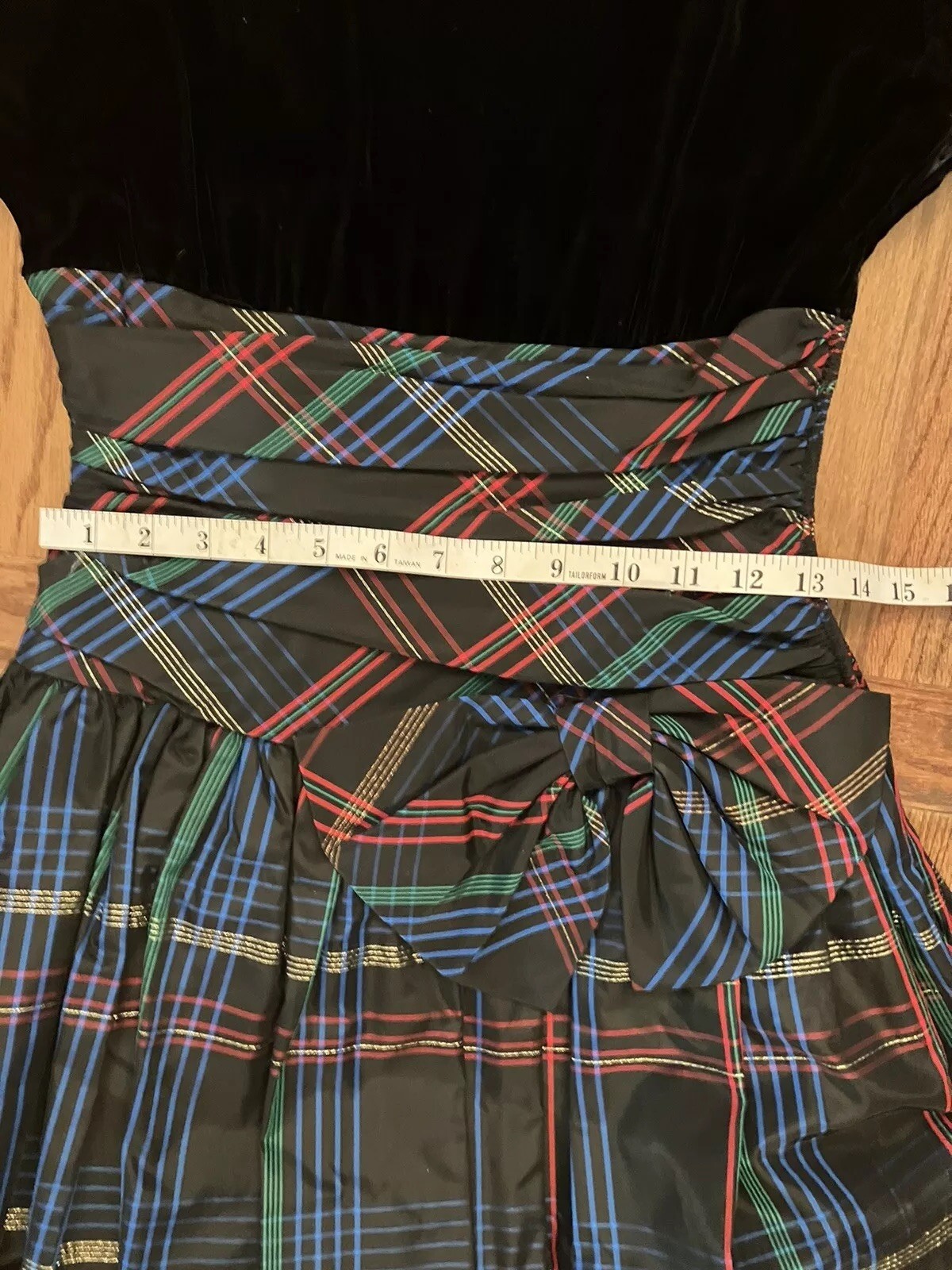 1980s Patty O`Neil Velvet & Plaid Taffeta Evening Dress, Ruching & Bow Size XS-S