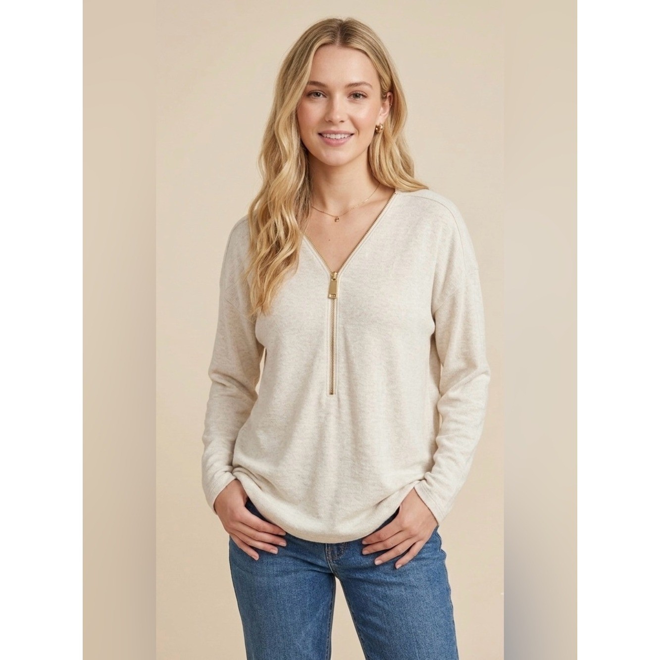 Soft surroundings oatmeal Beige Half Zip Pullover Sweater Long Sleeve top