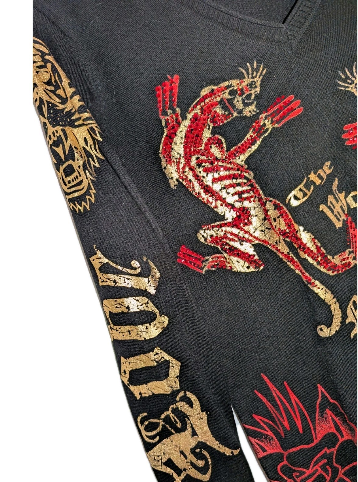 Vtg Ed Hardy Christian Audigier Bodycon Blingy Sweater Dress Y2K Panther Med A+!
