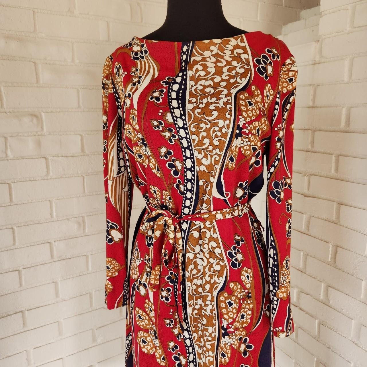 Vtg 60s 70s Dress Midi Size 14 Sacony Ciella Red Geo Floral Mod Gogo Disco