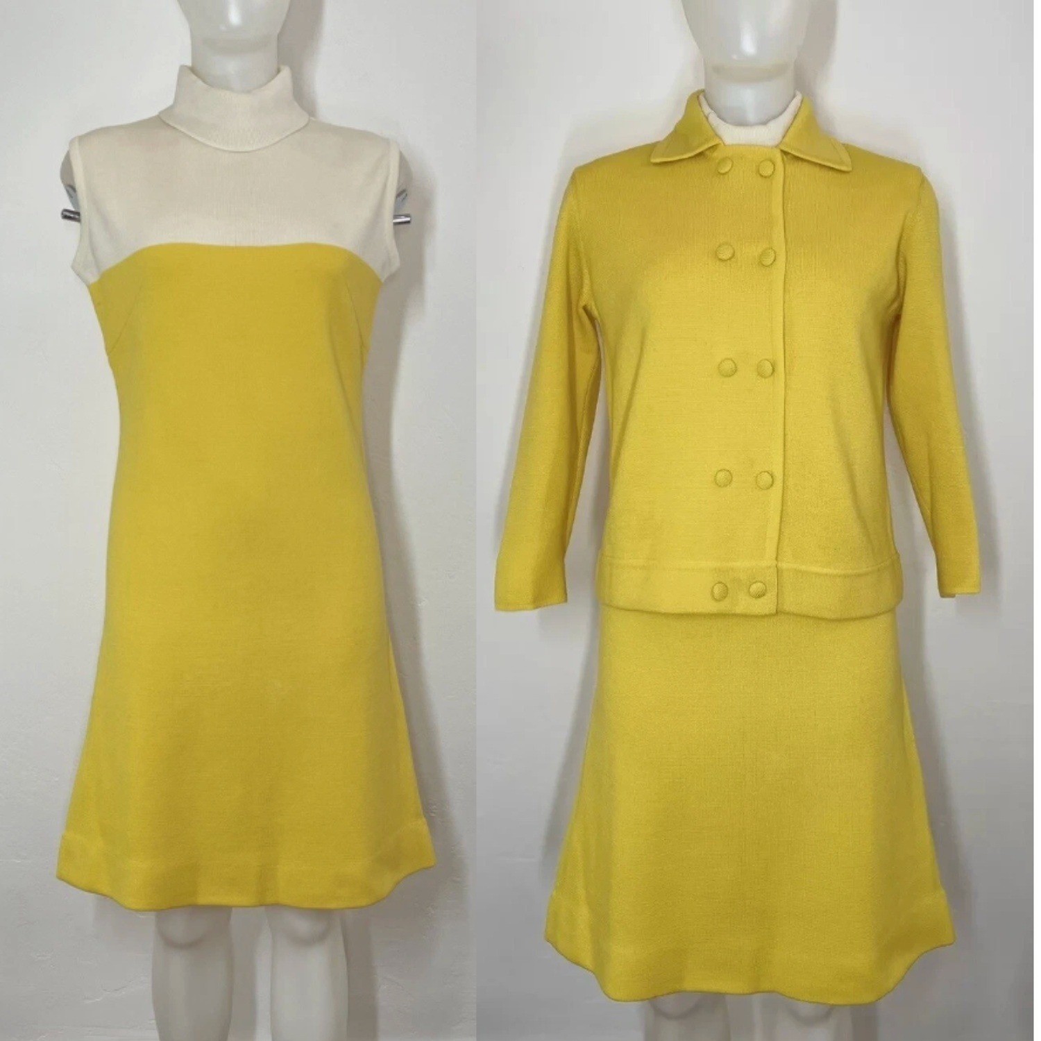 Vintage 60s Mod Colorblock Yellow Flare Dress Jacket Set Wool Retro GoGo FLAW