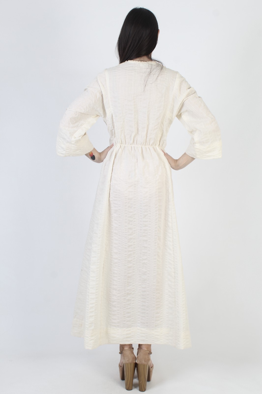 Vtg 70s Cream Seersucker Prairie Dress Bell Slv Peasant Boho Wedding Maxi Gown